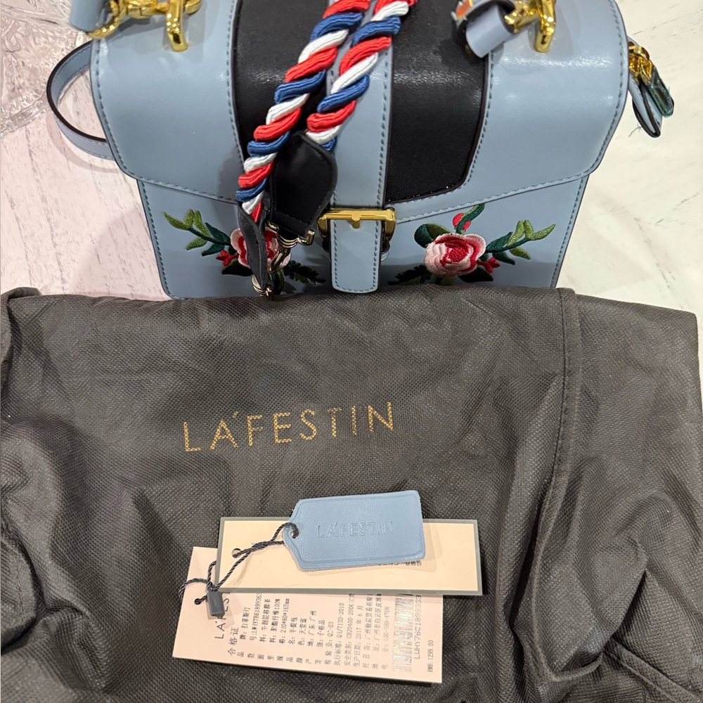 LA’FESTIN Floral Embroidered Blue Leather Style Bag with Two Crossbody Straps. - Picture 2 of 14